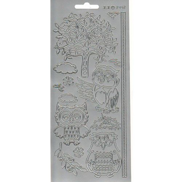 Контурные наклейки "Совы на дереве", лист 10x24,5 см, цвет серебряный (JEJE)