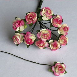 Букетик бумажных роз с открытым бутоном, цвет кремово-малиновый, 12 шт (Impresse)
