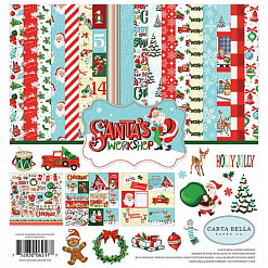 Набор бумаги 30х30 см с наклейками "Santa's workshop", 12 листов (Carta Bella)
