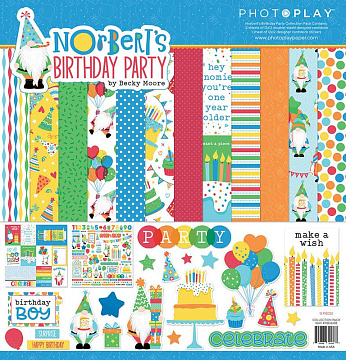 Набор бумаги 30х30 см с наклейками "Norbert's birthday party", 12 листов (Photo Play)