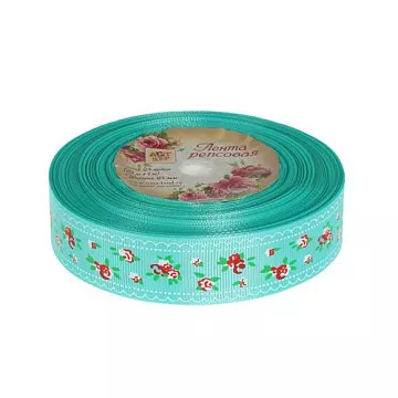 Лента репсовая "Цветочки", цвет тиффани, ширина 2,5 см, длина 1 м