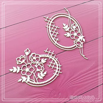 Чипборд "Овальные рамки с цветами и сеткой", 4,6х4,4 см (СкрапМагия)