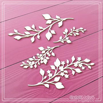 Чипборд "Веточки с листьями и цветами", 4,4х9,7 см (СкрапМагия)