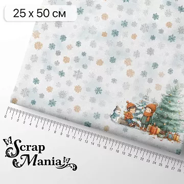 Отрез ткани 25х50 см на обложку блокнота "Снежинки-мандаринки. Наша елка" (ScrapMania)