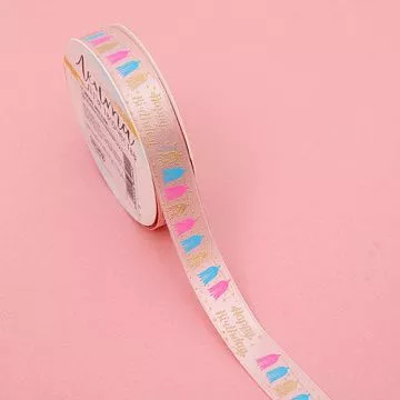 Лента атласная с золочением "Happy birthday", ширина 1,5 см, длина 5 м (АртУзор)