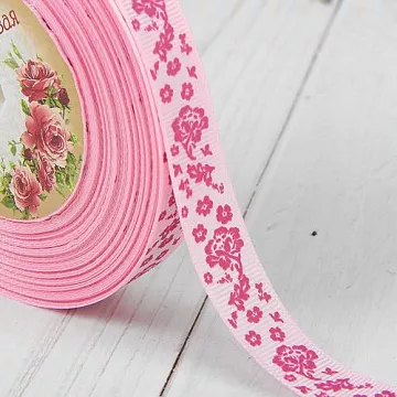 Лента репсовая "Цветы", цвет розовый, ширина 1,5 см, длина 23 м (АртУзор)