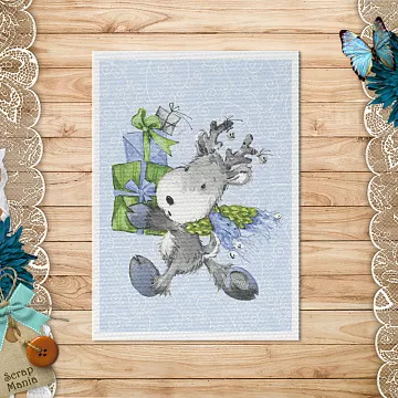 Тканевая карточка "Волшебный снегопад. Олененок с подарками (ScrapMania)