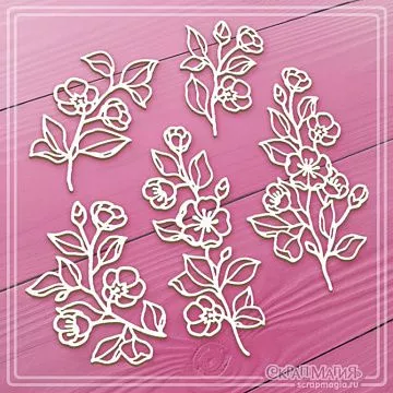 Чипборд "Веточки с цветами и листьями. Контур", 8,5х4,8 см (СкрапМагия)