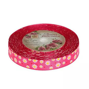 Лента репсовая "Ромашки на малиновом", ширина 1,5 см, длина 1 м
