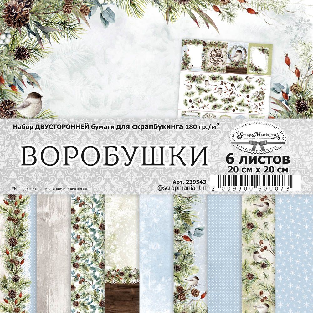 Набор бумаги 20х20 см Воробушки, 6 листов (ScrapMania)