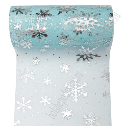 Лента фатиновая "Снежинки. Серебряные на голубом", ширина 15 см, длина 1 м