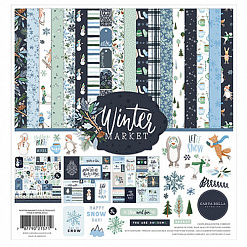 Набор бумаги 30х30 см с наклейками "Winter Market", 12 листов (Carta Bella)