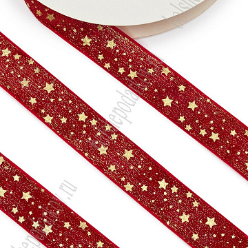 Лента бархатная "Звездочки на красном", 2,5 см, 1 м