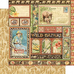 Набор бумаги 30х30 см с наклейками и высечками "Safari Adventure", 24 листа (Graphic 45)