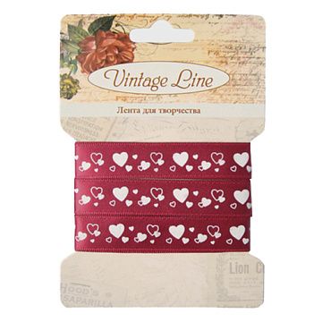 Лента атласная "Сердечки", цвет бордовый, ширина 1,2 см, длина 1 м (Vintage Line)